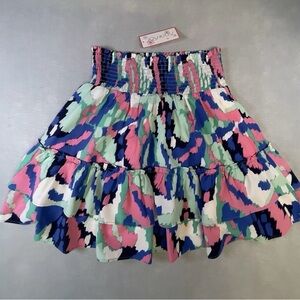 Joy Joy Smocked Waist Tiered Mini Skirt - Blue, Pink, Green, White